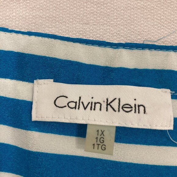 Calvin Klein Blue White Striped Quarter Zip V Neck Popover Blouse 1X Office - Picture 2 of 10